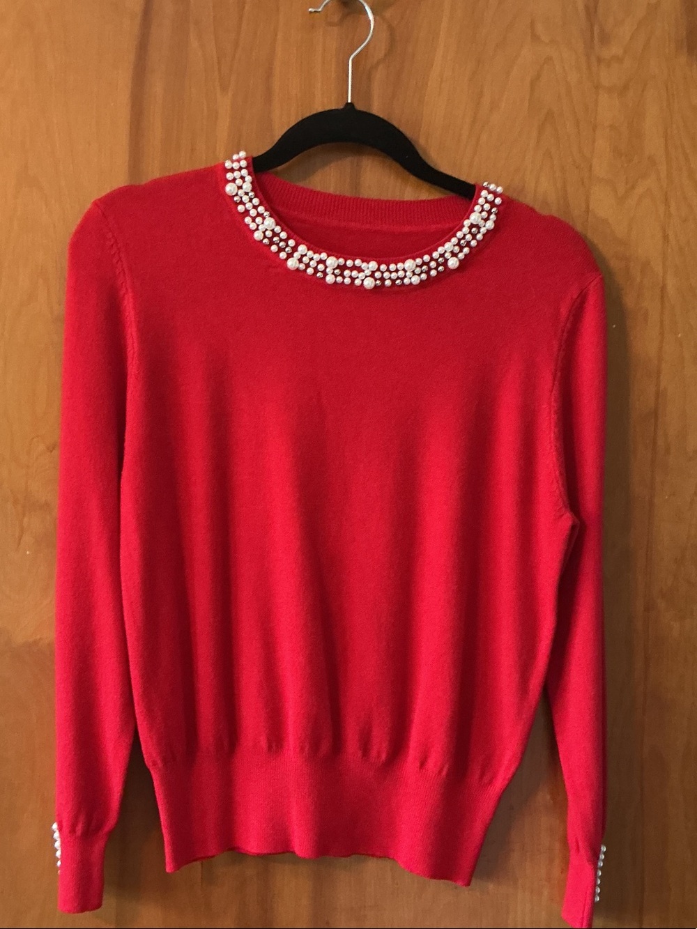 Amazon Red Pearl-Embellished Crewneck Sweater